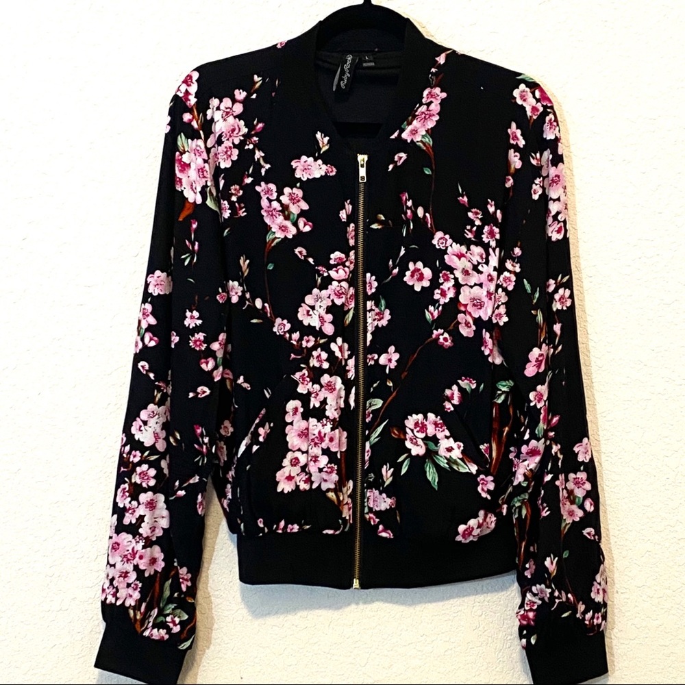 Women's Floral Bomber Jacket - Black with Pink Blossom Print